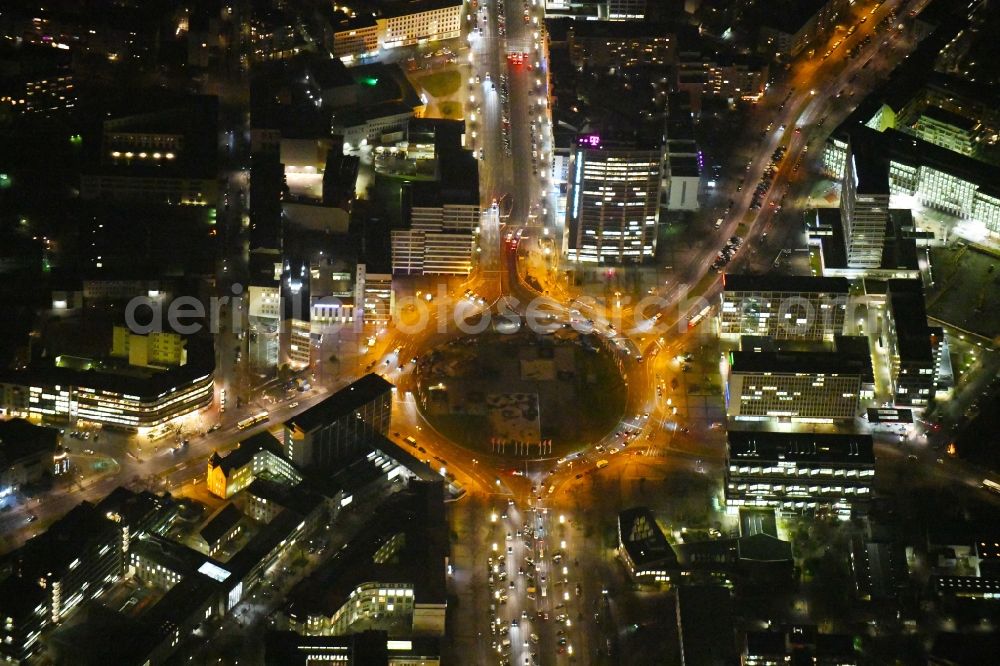 Aerial image at night Berlin - Night lighting Traffic management of the roundabout road Ernst-Reuter-Platz in the district Charlottenburg in Berlin, Germany