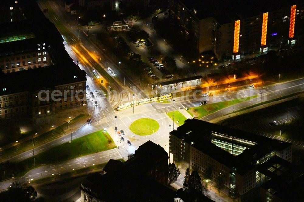 Aerial image at night Dresden - Night lighting road over the crossroads Carolaplatz in the district Innere Neustadt in Dresden in the state Saxony, Germany