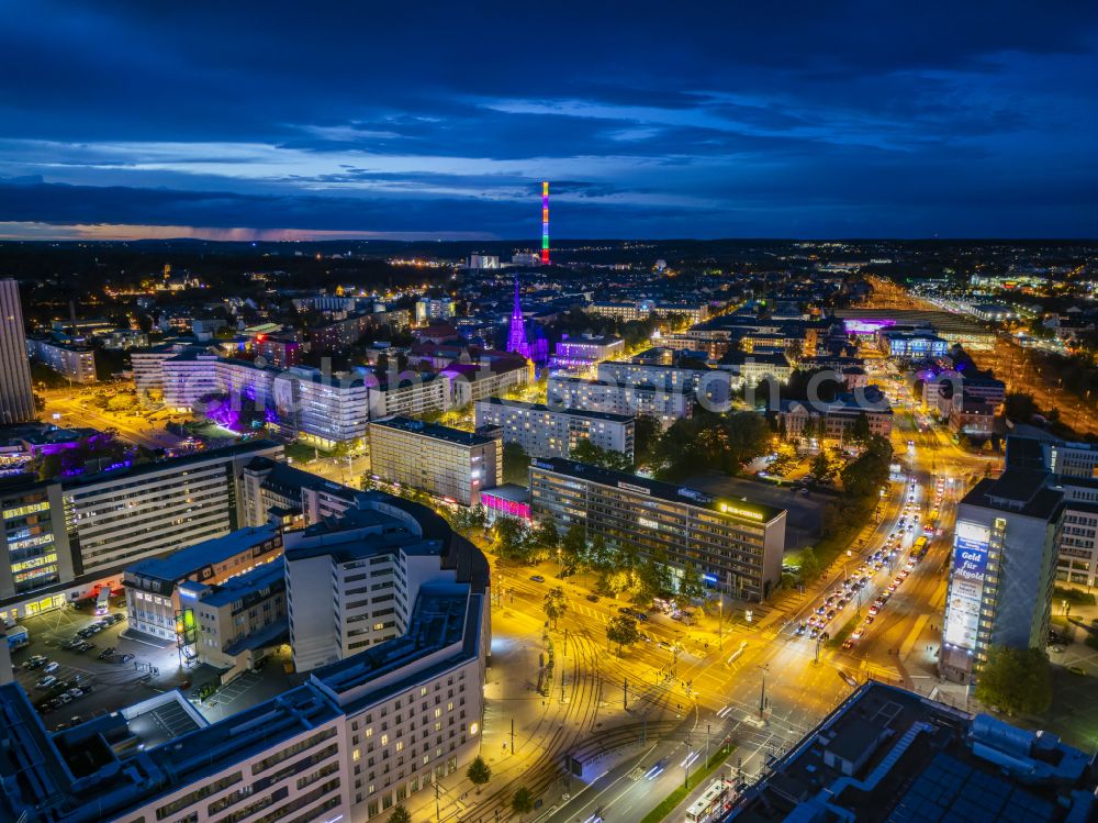 Chemnitz at night from above - Night lighting road over the crossroads on street Brueckenstrasse - Augusturburger Strasse in the district Zentrum in Chemnitz in the state Saxony, Germany