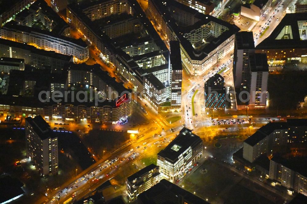 Berlin at night from above - Night lighting Road over the crossroads Niederwallstrasse - Leipziger Strasse - Seydelstrasse - Axel-Springer-Strasse in the district Mitte in Berlin, Germany