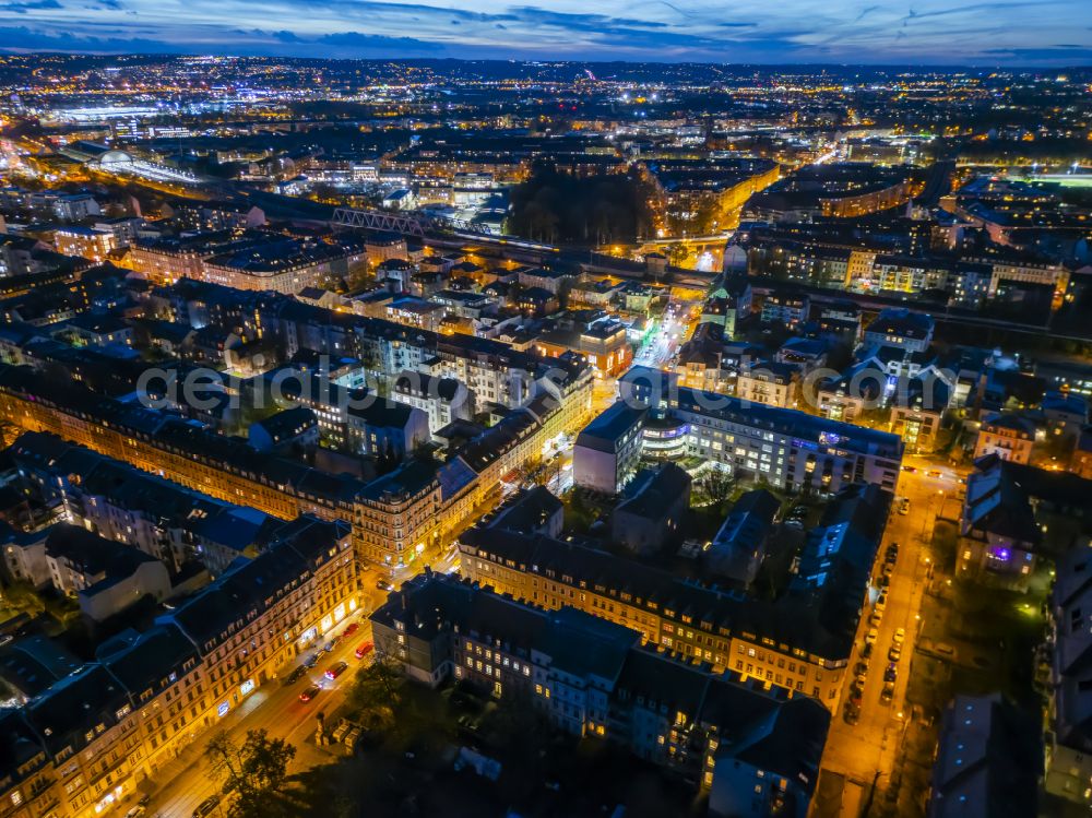 Dresden at night from above - Night lighting road over the crossroads on street Koenigsbruecker Strasse - Bischofsweg in the district Neustadt in Dresden in the state Saxony, Germany