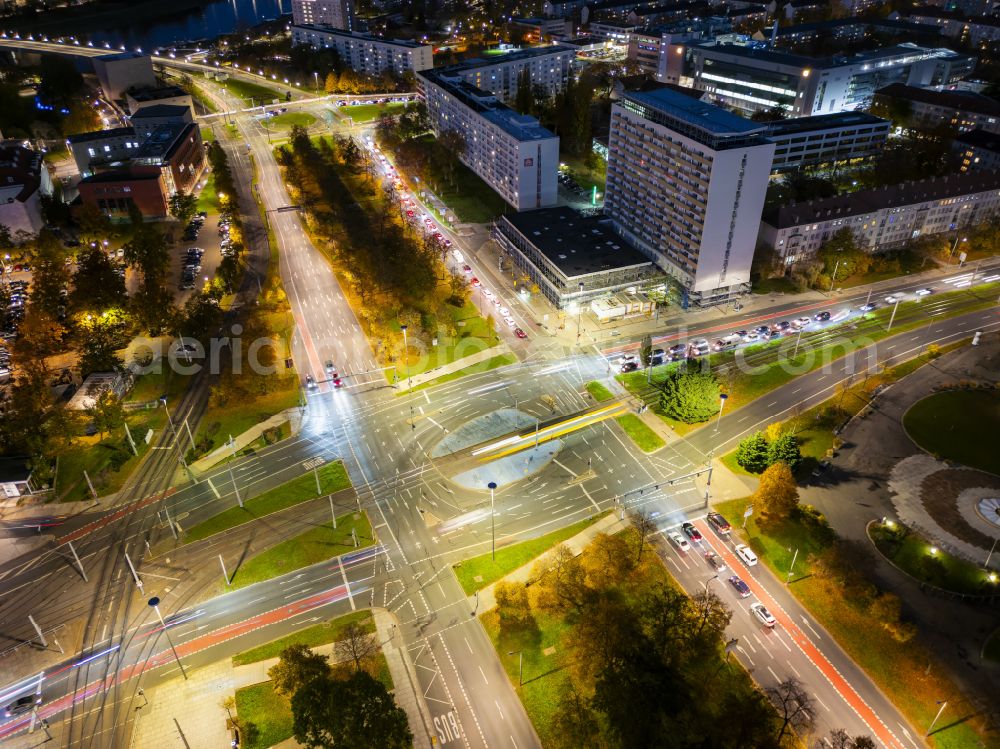 Dresden at night from above - Night lighting road over the crossroads Pirnaischer Platz on street Wilsdruffer Strasse in the district Altstadt in Dresden in the state Saxony, Germany