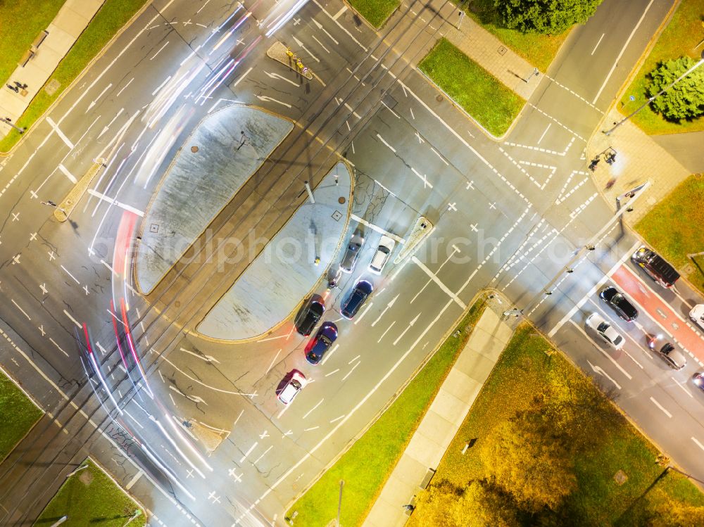 Dresden at night from the bird perspective: Night lighting road over the crossroads Pirnaischer Platz on street Wilsdruffer Strasse in the district Altstadt in Dresden in the state Saxony, Germany