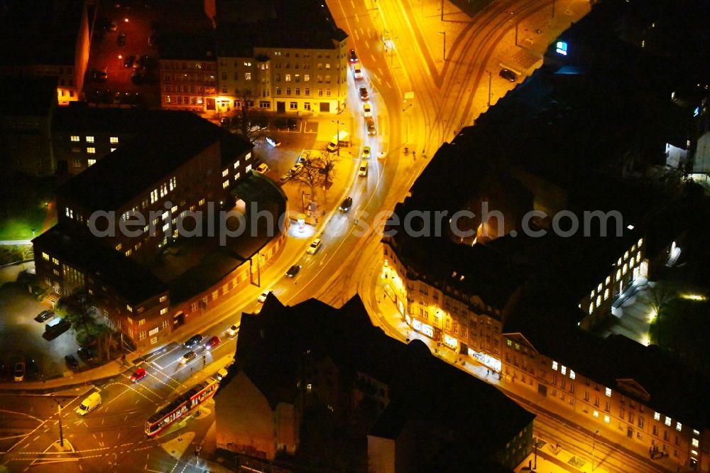 Halle (Saale) at night from above - Night lighting Road over the crossroads Am Steintor in Halle (Saale) in the state Saxony-Anhalt, Germany