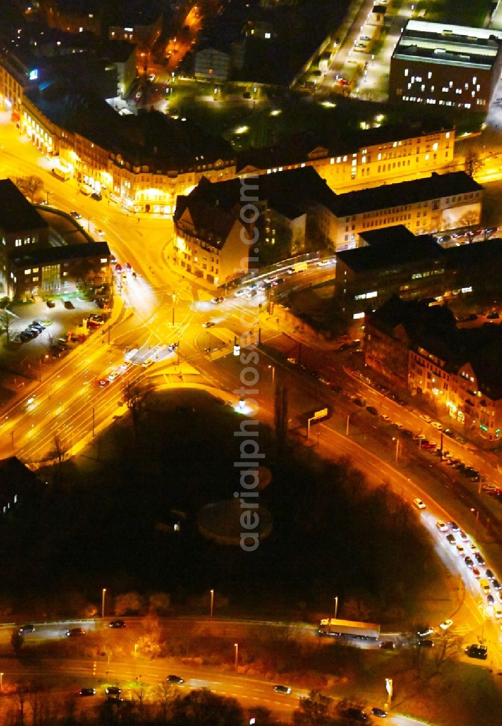 Halle (Saale) at night from above - Night lighting Road over the crossroads Am Steintor in Halle (Saale) in the state Saxony-Anhalt, Germany