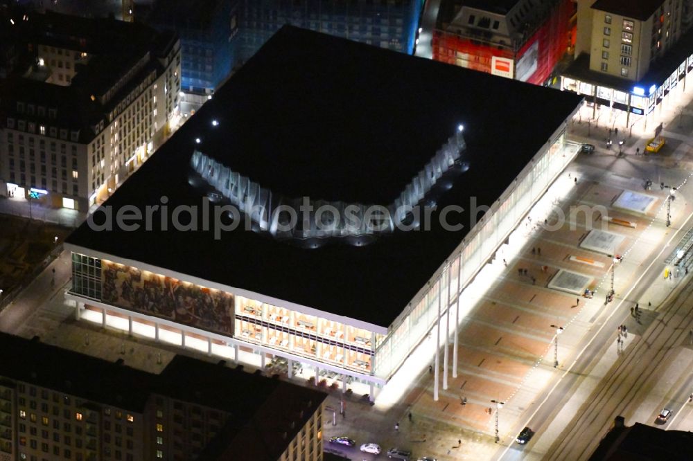 Aerial image at night Dresden - Night lighting of the Palace of Culture in Dresden in the state Saxony