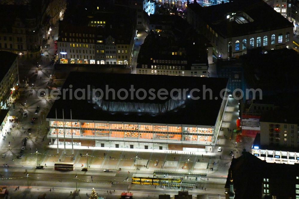 Dresden at night from the bird perspective: Night lighting of the Palace of Culture in Dresden in the state Saxony