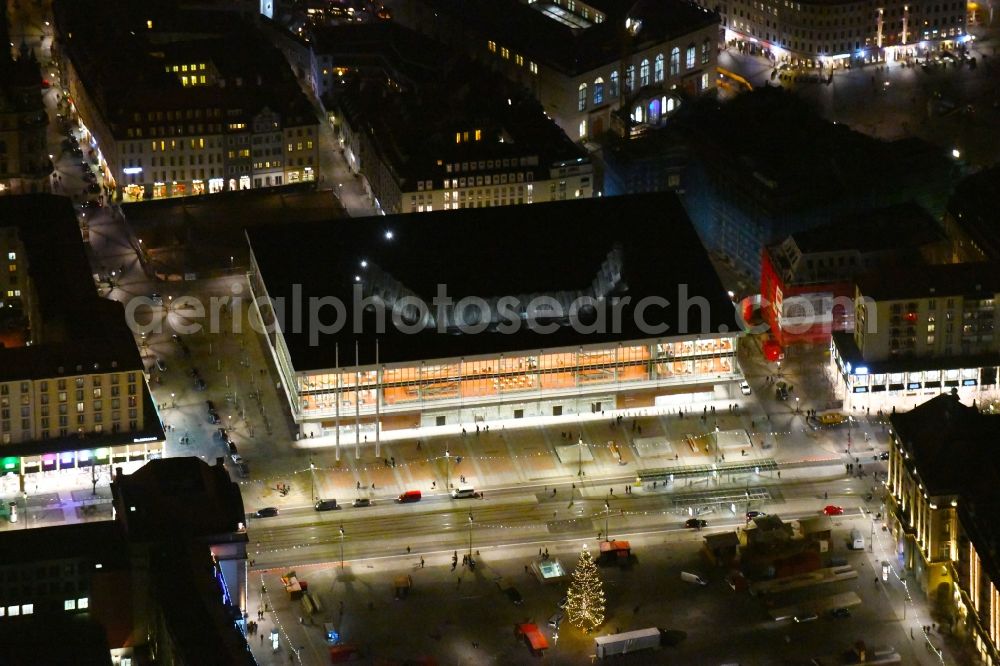 Dresden at night from the bird perspective: Night lighting of the Palace of Culture in Dresden in the state Saxony