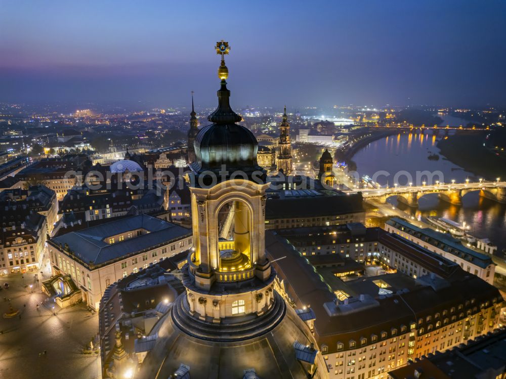 Dresden at night from above - Night lighting dome cross on the church building Frauenkirche Dresden on the Neumarkt in the old town - center of the city center in the district of Altstadt in Dresden in the federal state of Saxony, Germany