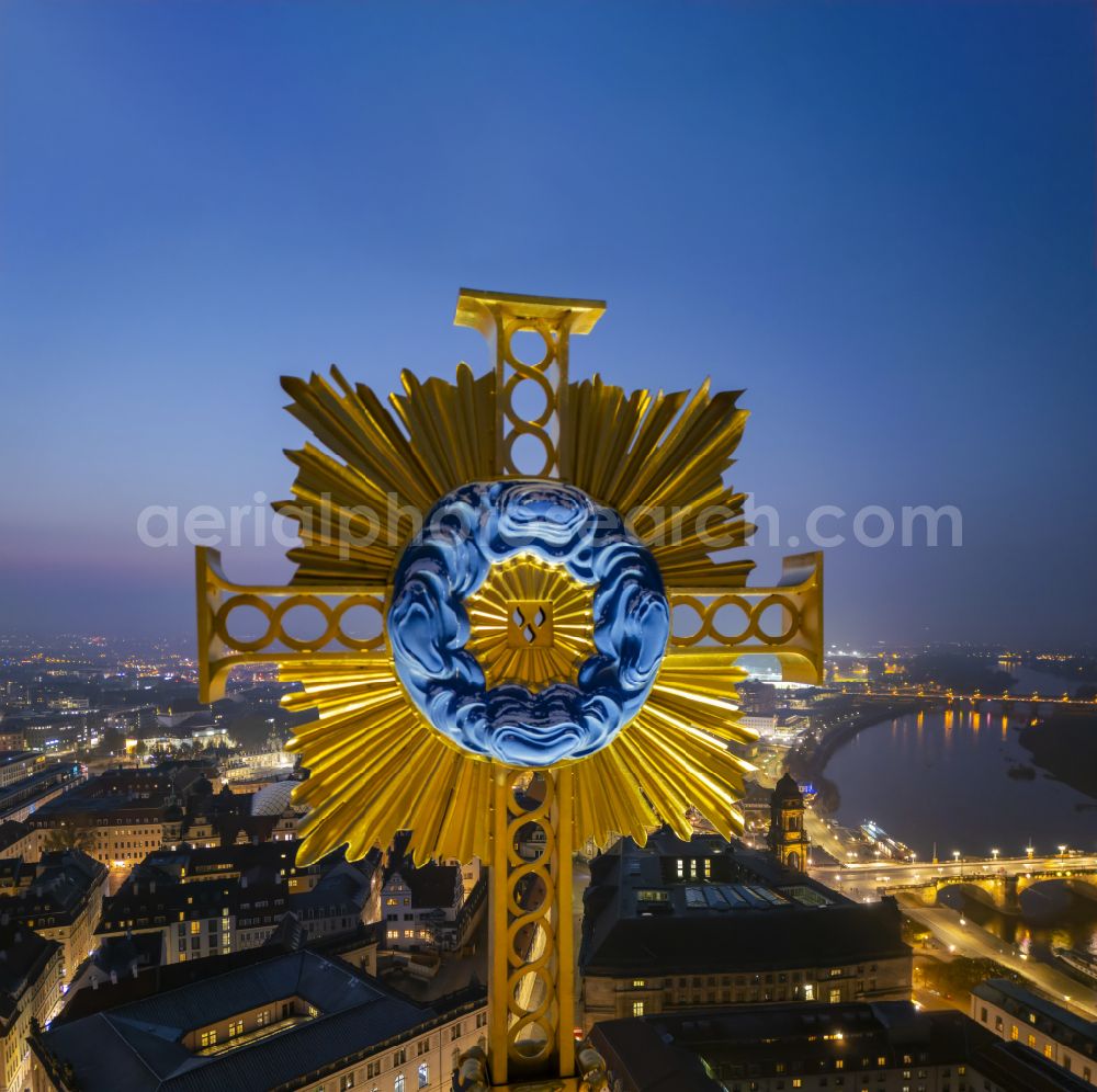 Aerial image at night Dresden - Night lighting dome cross on the church building Frauenkirche Dresden on the Neumarkt in the old town - center of the city center in the district of Altstadt in Dresden in the federal state of Saxony, Germany