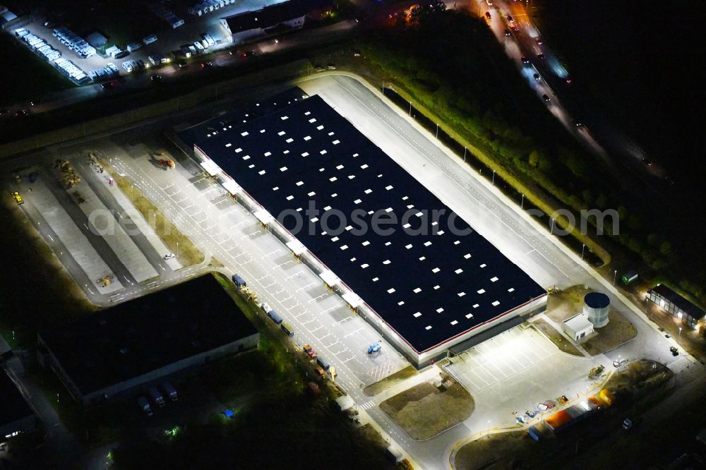 Hoppegarten at night from above - Night lighting warehouse and forwarding building Digitalstrasse- Neuer Hoenower Weg on federal street B1 in the district Dahlwitz-Hoppegarten in Hoppegarten in the state Brandenburg, Germany