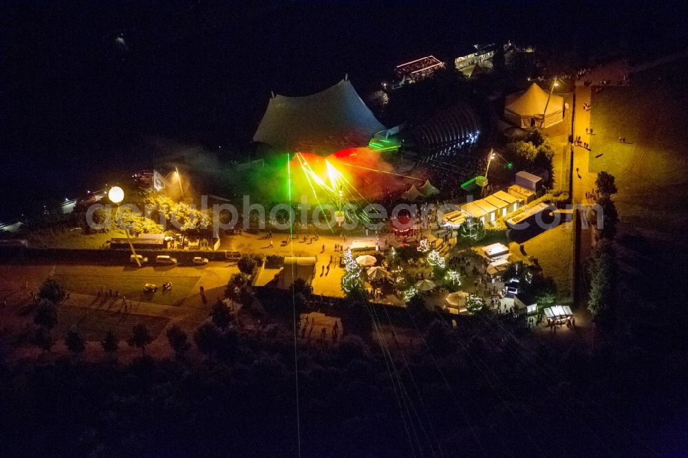 Gelsenkirchen at night from the bird perspective: Night Aerial view of the laser show on the outdoor stage in the North Star Park in Gelsenkirchen on the night of industrial culture in the context of the action extra layer 2012