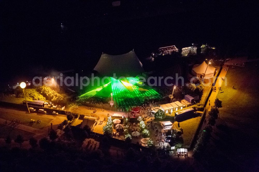 Aerial photograph at night Gelsenkirchen - Night Aerial view of the laser show on the outdoor stage in the North Star Park in Gelsenkirchen on the night of industrial culture in the context of the action extra layer 2012