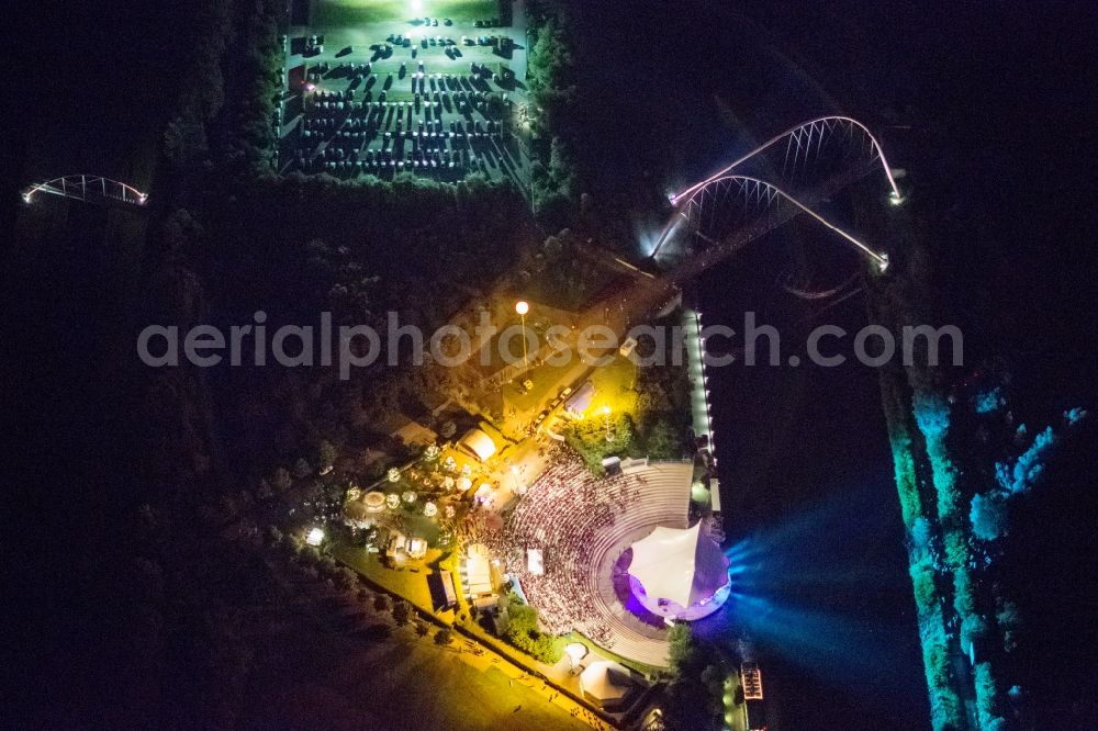 Aerial image at night Gelsenkirchen - Night Aerial view of the laser show on the outdoor stage in the North Star Park in Gelsenkirchen on the night of industrial culture in the context of the action extra layer 2012