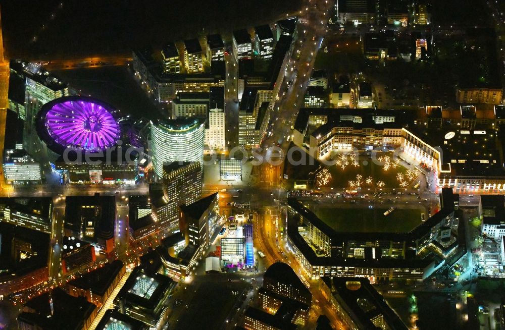 Berlin at night from above - Night lighting Ensemble space Leipziger Platz in the inner city center in Berlin in Germany