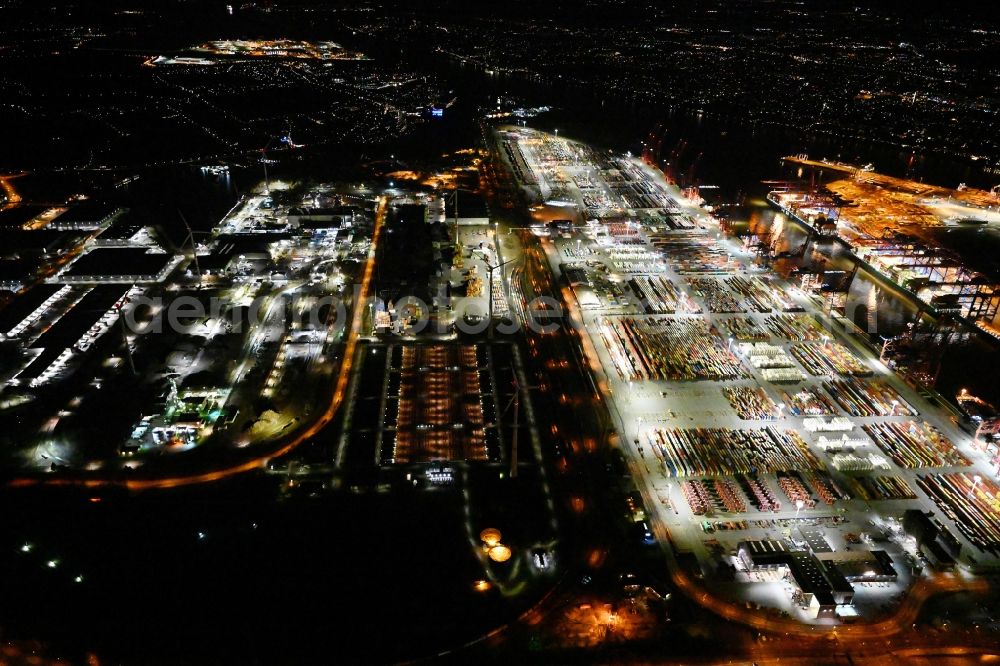 Aerial image at night Hamburg - Night lighting hHLA Logistics Container Terminal Burchardkai in the Port of Hamburg harbor in Hamburg in Germany