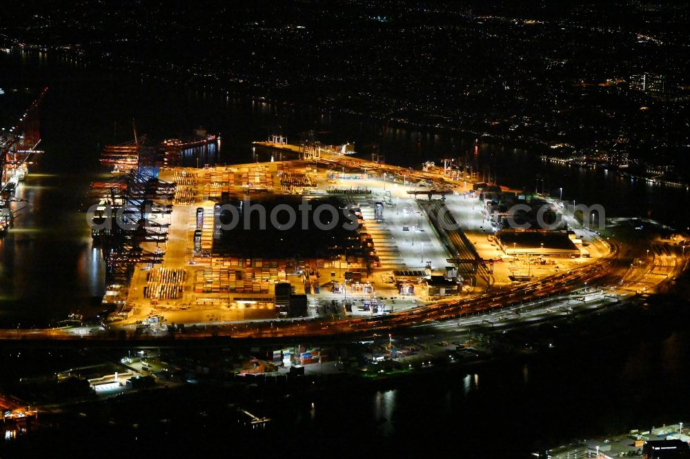 Aerial image at night Hamburg - Night lighting hHLA Logistics Container Terminal Burchardkai in the Port of Hamburg harbor in Hamburg in Germany