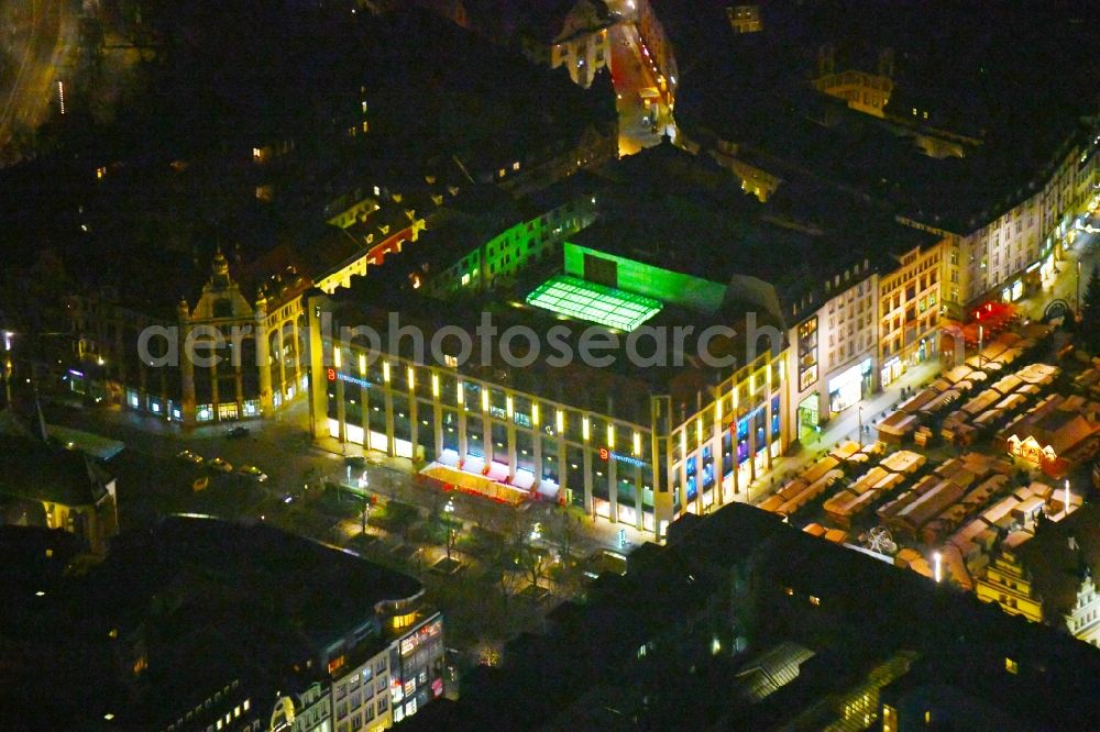 Aerial image at night Leipzig - Night lighting of the Marktgalerie Leipzig in Saxony in Germany