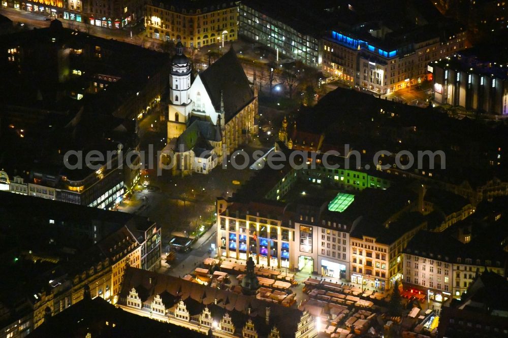 Aerial photograph at night Leipzig - Night lighting of the Marktgalerie Leipzig in Saxony in Germany