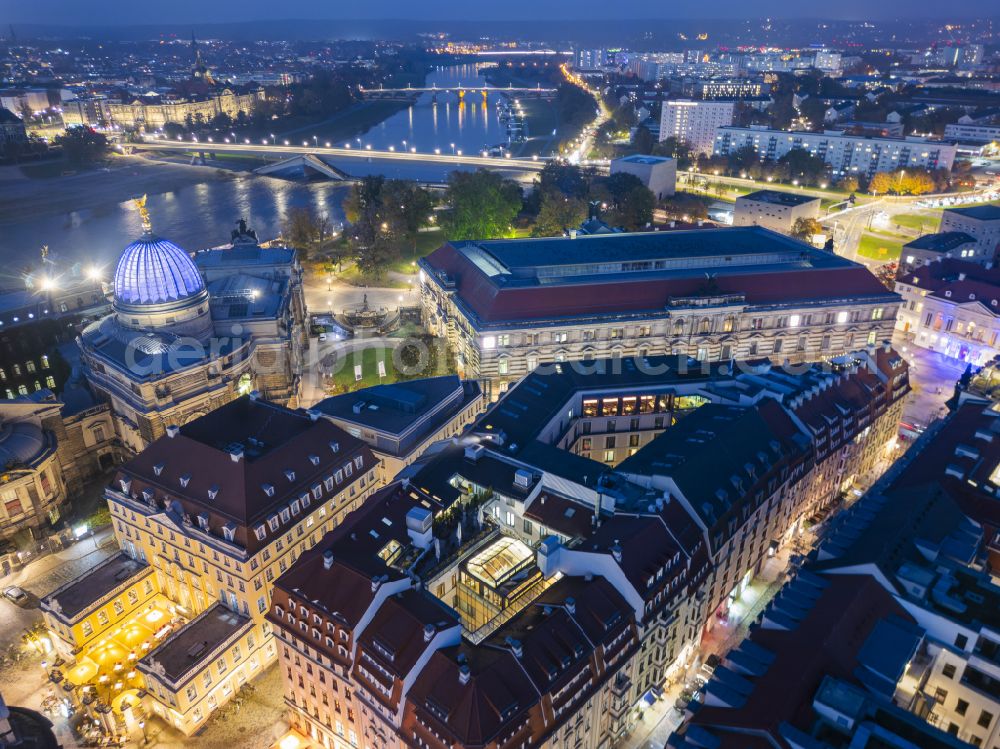 Dresden at night from above - Night lighting residential area of a multi-family house settlement on street Salzgasse in the district Altstadt in Dresden in the state Saxony, Germany