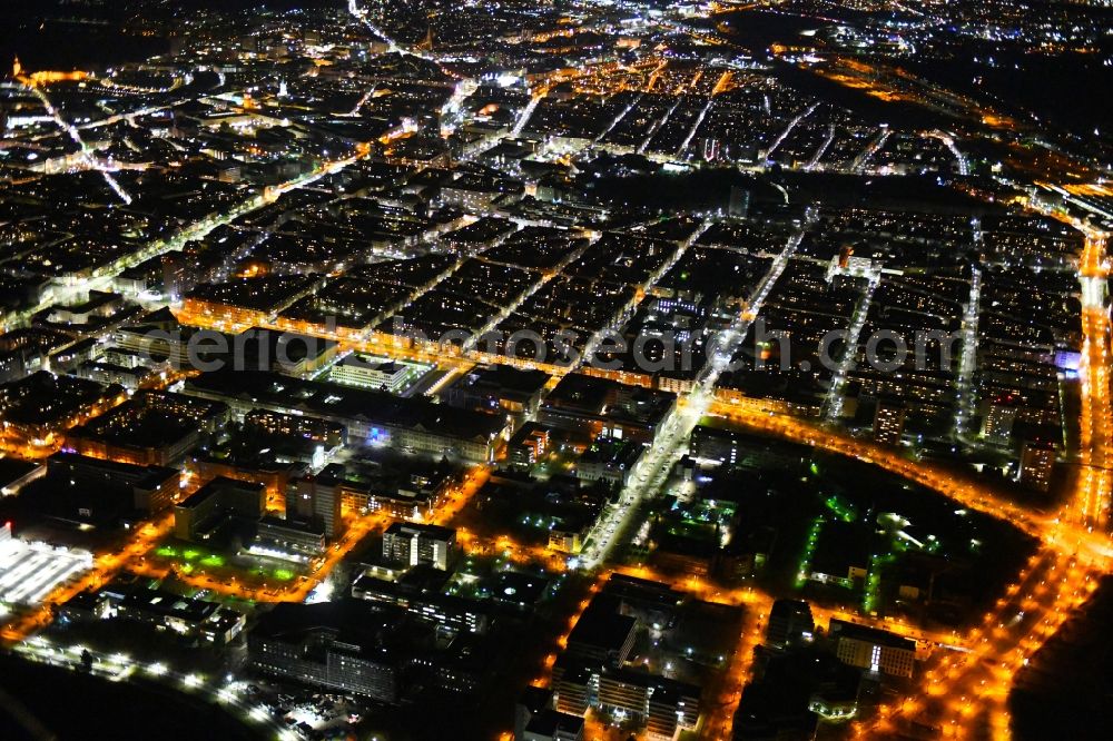 Karlsruhe at night from above - Night lighting residential area of a multi-family house settlement between Brauerstrasse and Ebertstrasse in the district Suedweststadt in Karlsruhe in the state Baden-Wurttemberg, Germany