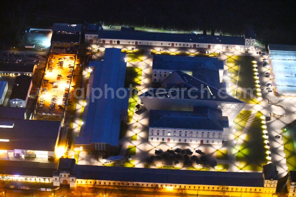 Dresden at night from the bird perspective: Night lighting view of the Dresden Military History Museum ( Army Museum ) during the implementation and expansion