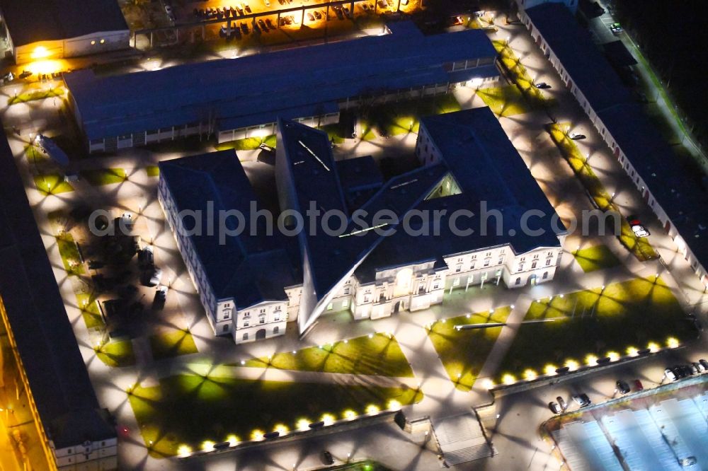 Aerial image at night Dresden - Night lighting view of the Dresden Military History Museum ( Army Museum ) during the implementation and expansion