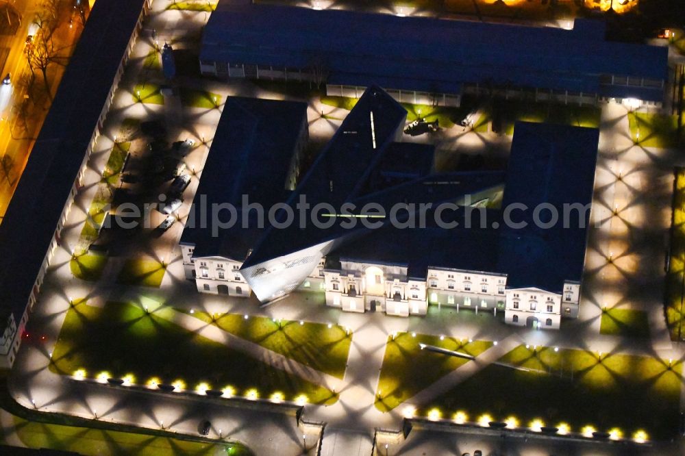 Dresden at night from the bird perspective: Night lighting view of the Dresden Military History Museum ( Army Museum ) during the implementation and expansion