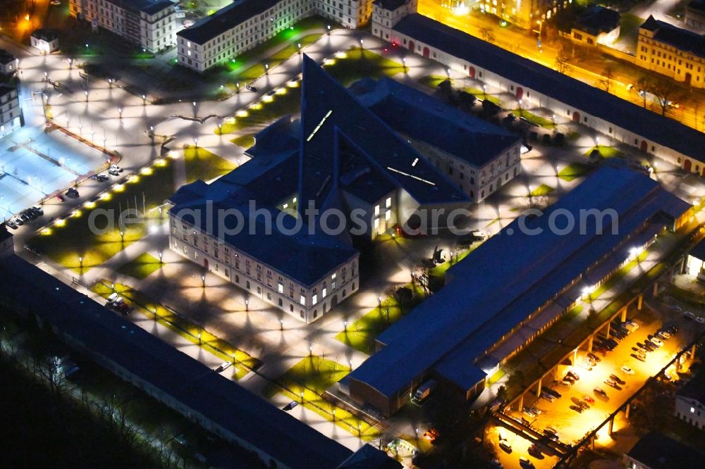 Dresden at night from above - Night lighting view of the Dresden Military History Museum ( Army Museum ) during the implementation and expansion