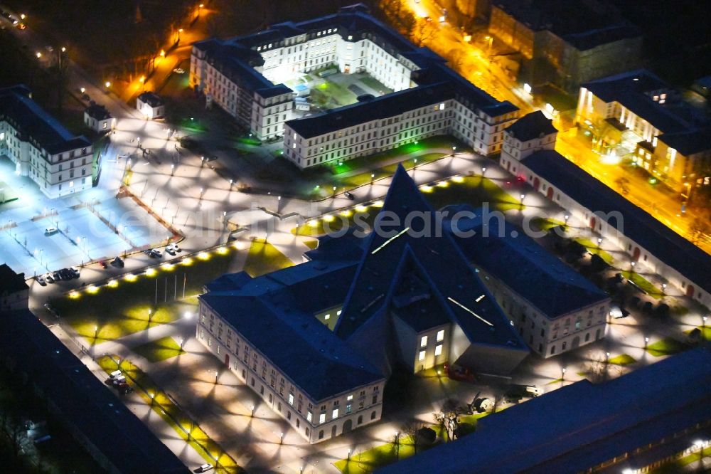 Dresden at night from the bird perspective: Night lighting view of the Dresden Military History Museum ( Army Museum ) during the implementation and expansion