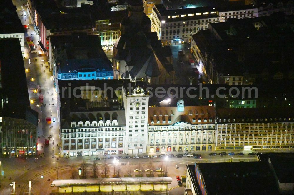 Aerial photograph at night Leipzig - Night lighting museum building ensemble Aegyptisches Museum in the district Mitte in Leipzig in the state Saxony, Germany