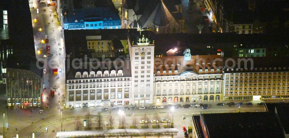 Leipzig at night from the bird perspective: Night lighting museum building ensemble Aegyptisches Museum in the district Mitte in Leipzig in the state Saxony, Germany