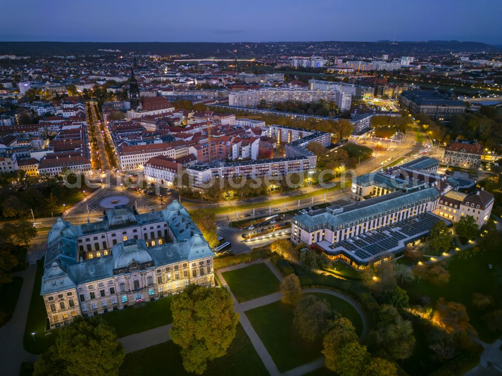 Dresden at night from above - Night lighting museum building ensemble Japanisches Palais on place Palaisplatz in the district Innere Neustadt in Dresden in the state Saxony, Germany