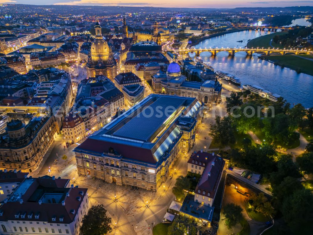 Aerial image at night Dresden - Night lighting museum building ensemble Albertinum on place Tzschirnerplatz in Dresden in the state Saxony, Germany