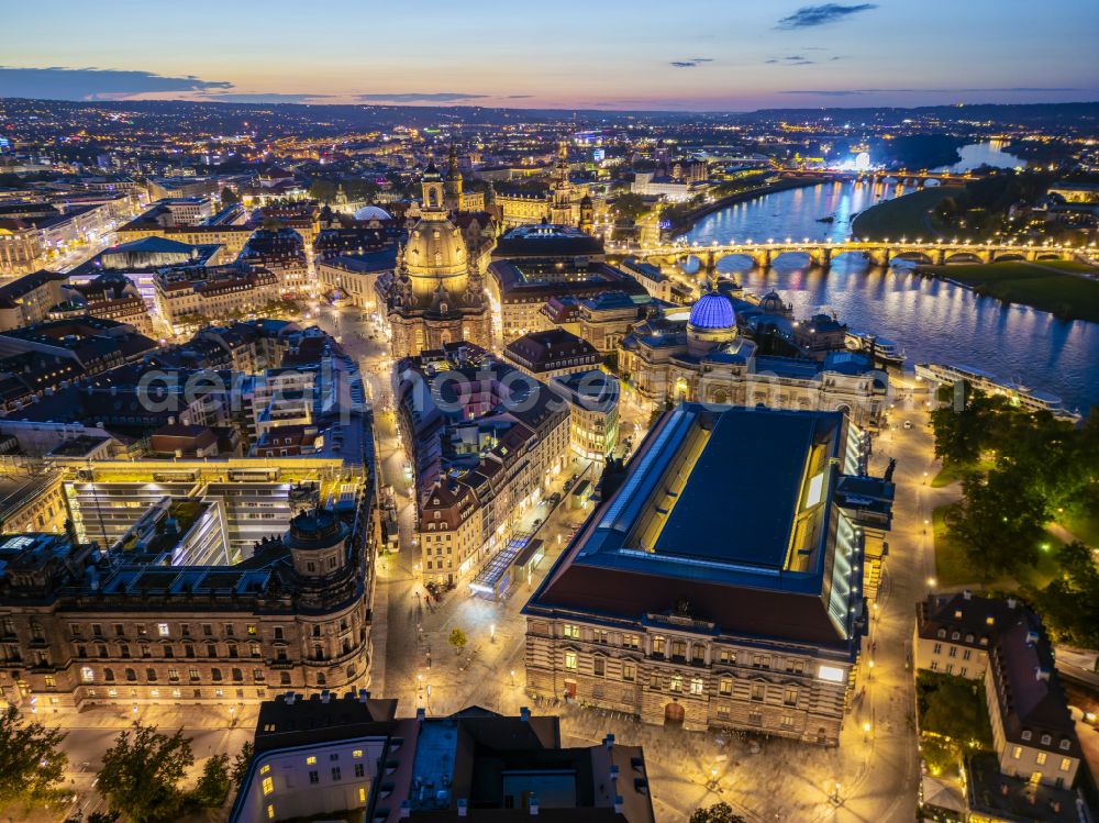 Dresden at night from above - Night lighting museum building ensemble Albertinum on place Tzschirnerplatz in Dresden in the state Saxony, Germany