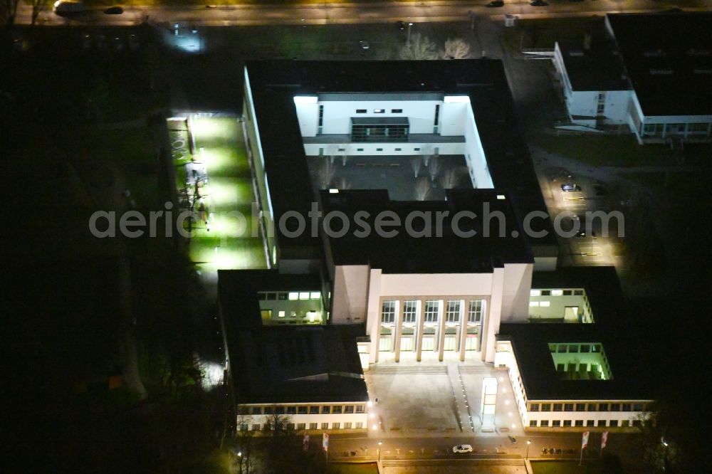 Dresden at night from above - Night lighting Museum building ensemble Deutsches Hygiene-Museum in the street Lingnerplatz in Dresden in the state Saxony