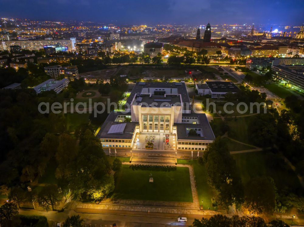 Dresden at night from above - Night lighting museum building ensemble Deutsches Hygiene-Museum in the street Lingnerplatz in Dresden in the state Saxony