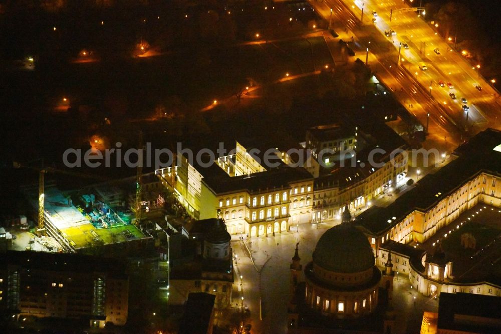 Potsdam at night from above - Night lighting Museum building ensemble Museum Barberini on Humboldtstrasse in the district Innenstadt in Potsdam in the state Brandenburg, Germany