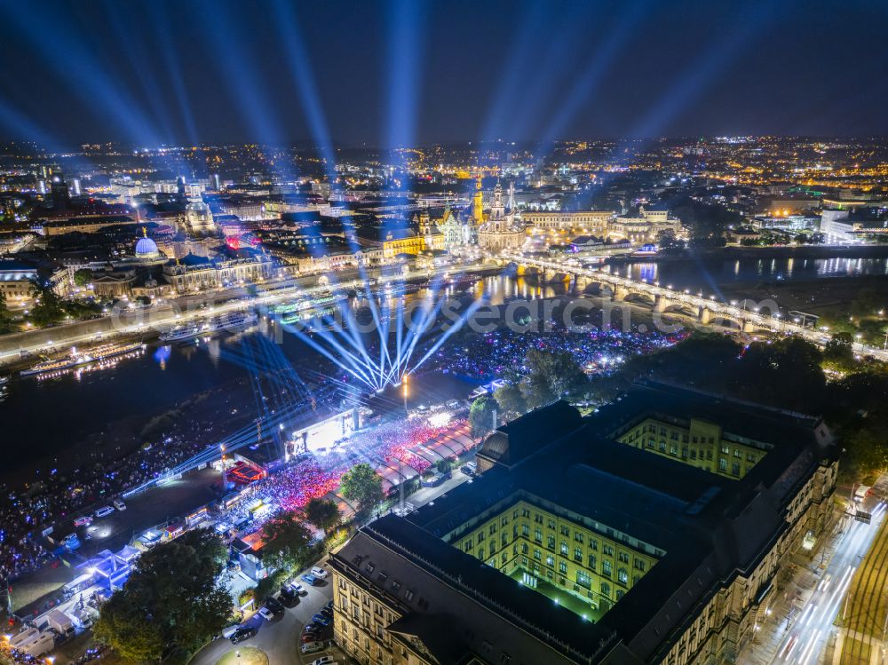 Dresden at night from the bird perspective: Night lighting music concert on the open-air stage Film Nights on the Elbe - Kaisermania on Wilhelm-Buck-Strasse in Dresden in the state of Saxony, Germany