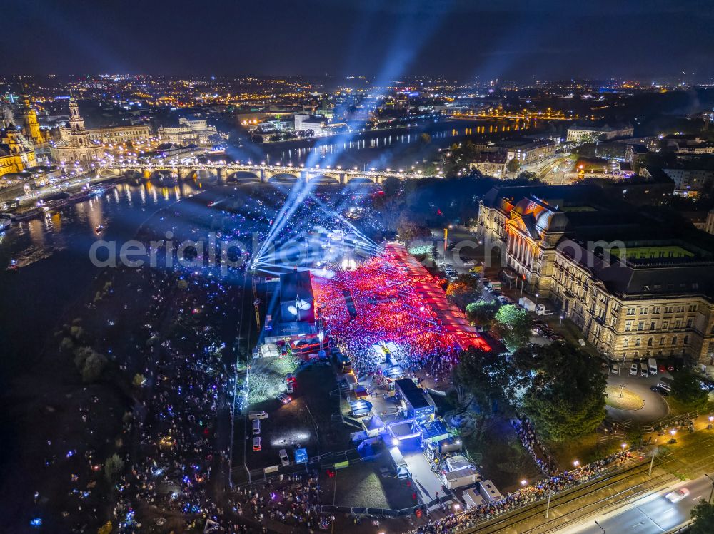 Aerial photograph at night Dresden - Night lighting music concert on the open-air stage Film Nights on the Elbe - Kaisermania on Wilhelm-Buck-Strasse in Dresden in the state of Saxony, Germany