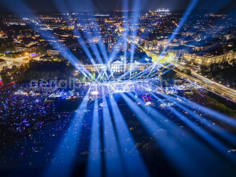 Aerial image at night Dresden - Night lighting music concert on the open-air stage Film Nights on the Elbe - Kaisermania on Wilhelm-Buck-Strasse in Dresden in the state of Saxony, Germany