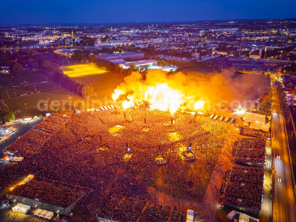 Aerial photograph at night Dresden - Night lighting music concert on the outdoor stage Rammstein Tour 2024 on street Messering in the district Friedrichstadt in Dresden in the state Saxony, Germany