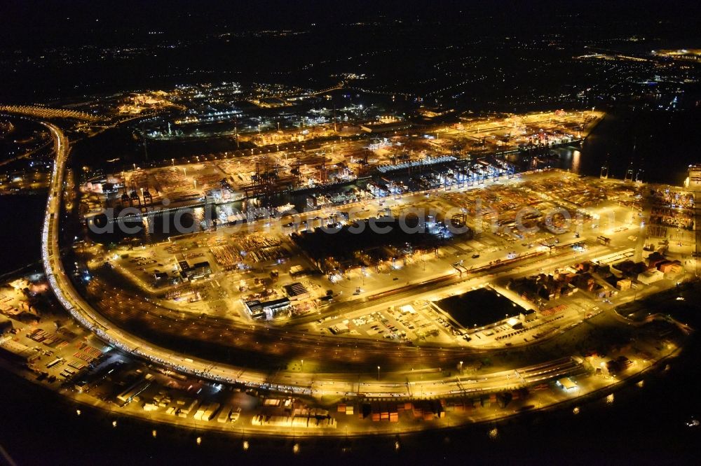 Aerial image at night Hamburg - Night view of Container Terminal in the port of the international port of HHLA Logistics Container Terminal Eurogate in Hamburg