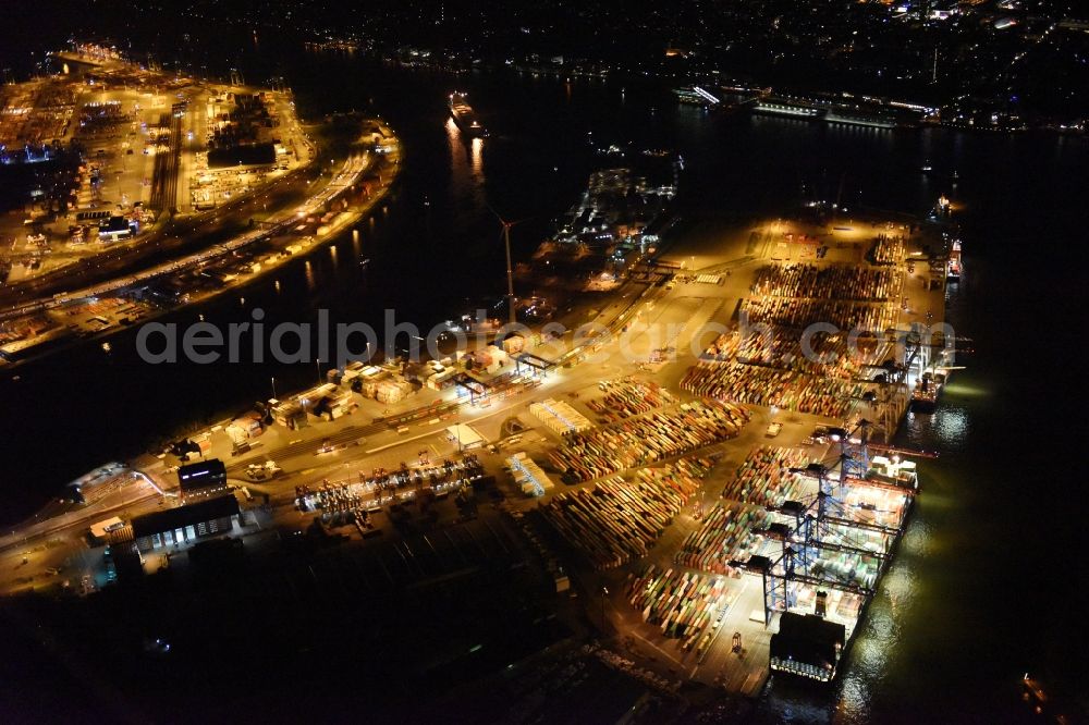 Aerial photograph at night Hamburg - Night view of Container Terminal in the port of the international port of HHLA Logistics Container Terminal Eurogate in Hamburg