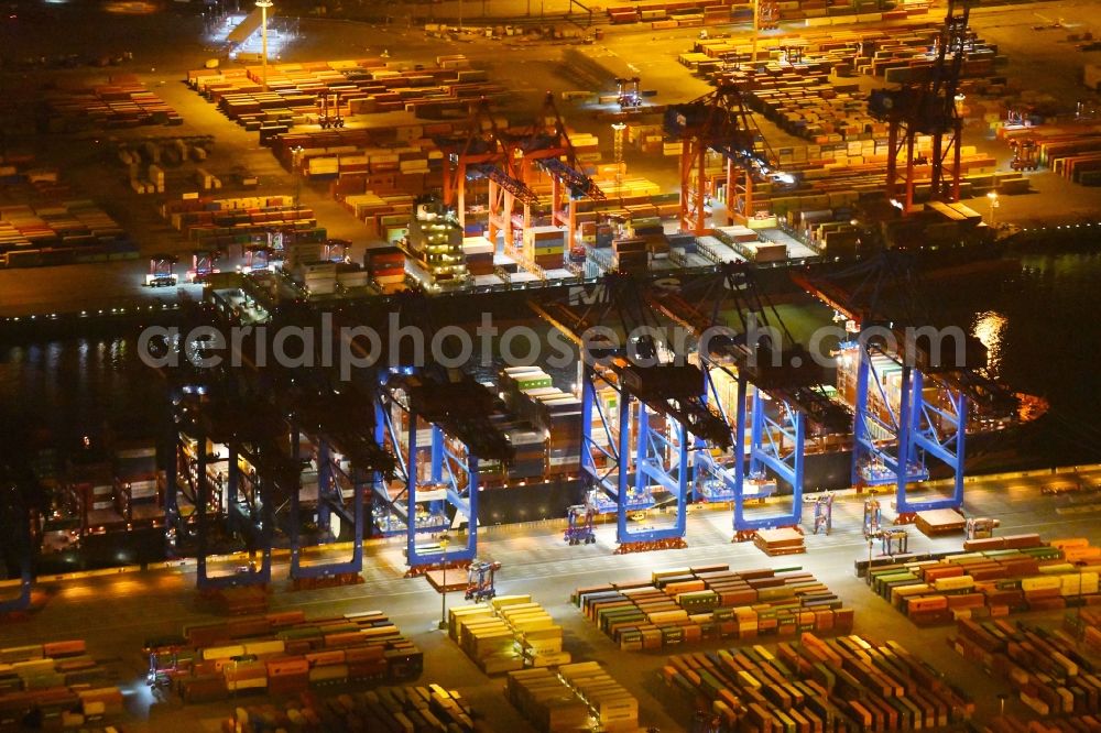 Hamburg at night from above - Night view of Container Terminal in the port of the international port of HHLA Logistics Container Terminal Eurogate in Hamburg