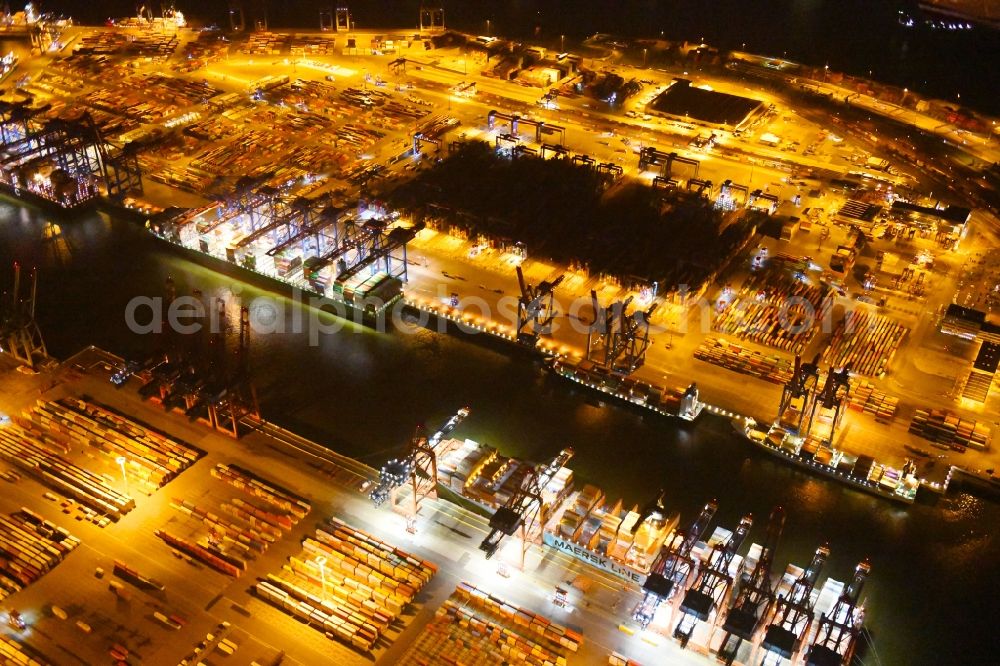 Hamburg at night from above - Night view of Container Terminal in the port of the international port of HHLA Logistics Container Terminal Eurogate in Hamburg