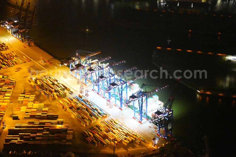 Aerial image at night Hamburg - Night view of Container Terminal in the port of the international port of HHLA Logistics Container Terminal Eurogate in Hamburg