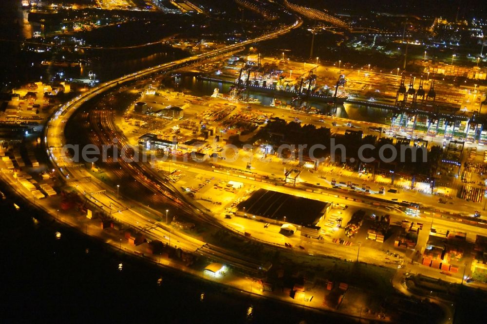 Aerial image at night Hamburg - Night view of Container Terminal in the port of the international port of HHLA Logistics Container Terminal Eurogate in Hamburg