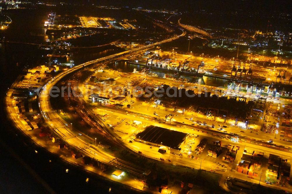 Hamburg at night from above - Night view of Container Terminal in the port of the international port of HHLA Logistics Container Terminal Eurogate in Hamburg