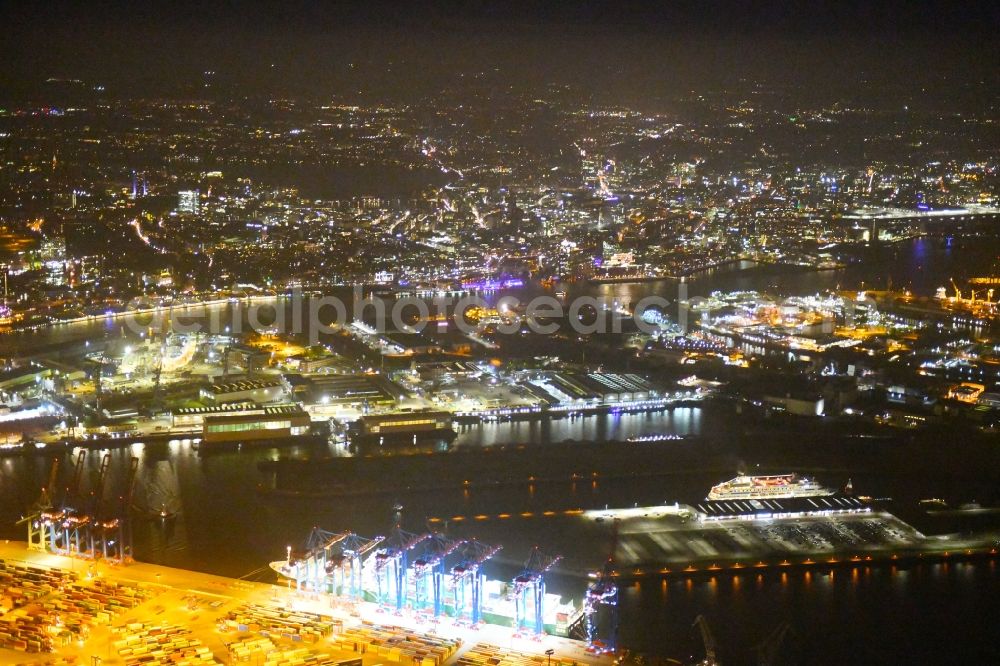 Hamburg at night from above - Night view of Container Terminal in the port of the international port of HHLA Logistics Container Terminal Eurogate in Hamburg